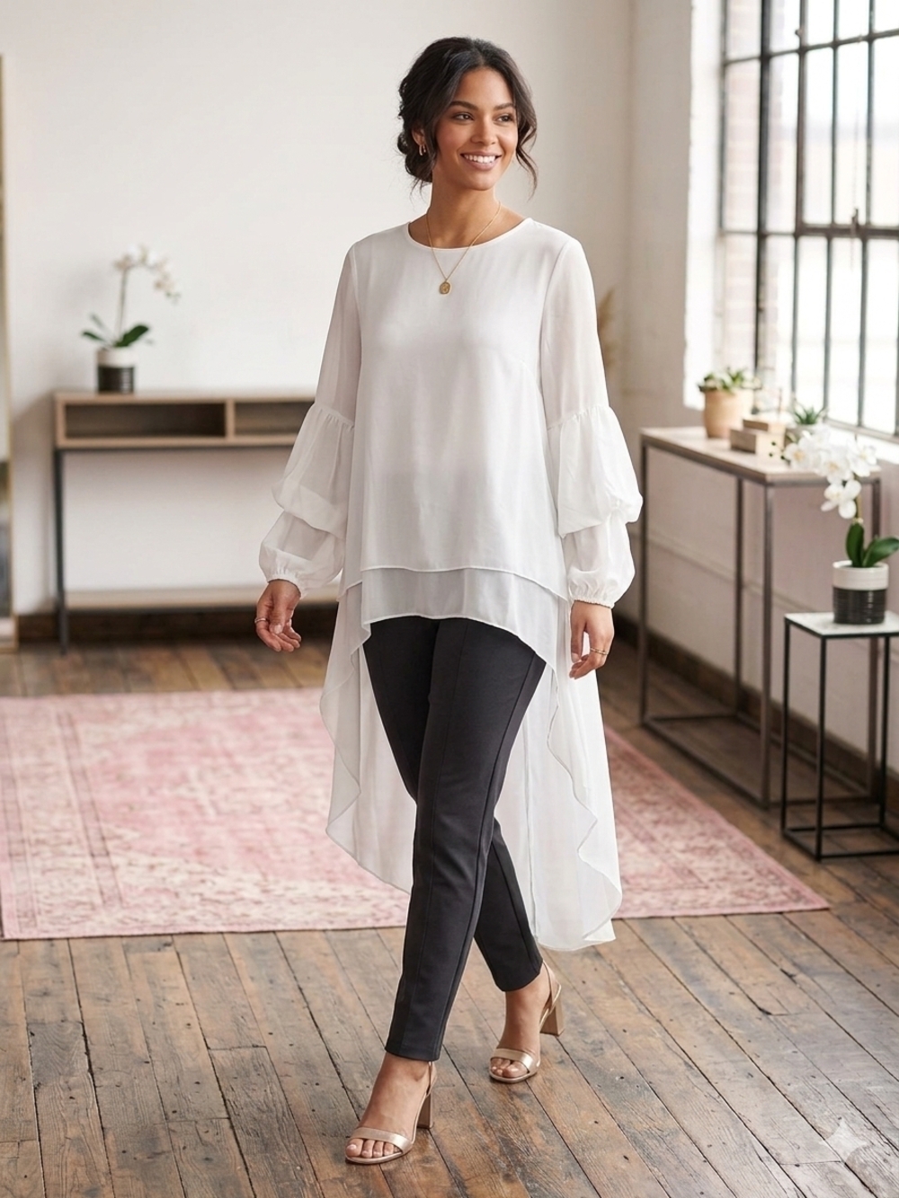 Pretty Garden Sheer Ivory High-Low Tunic Blouse with Tiered Sleeves